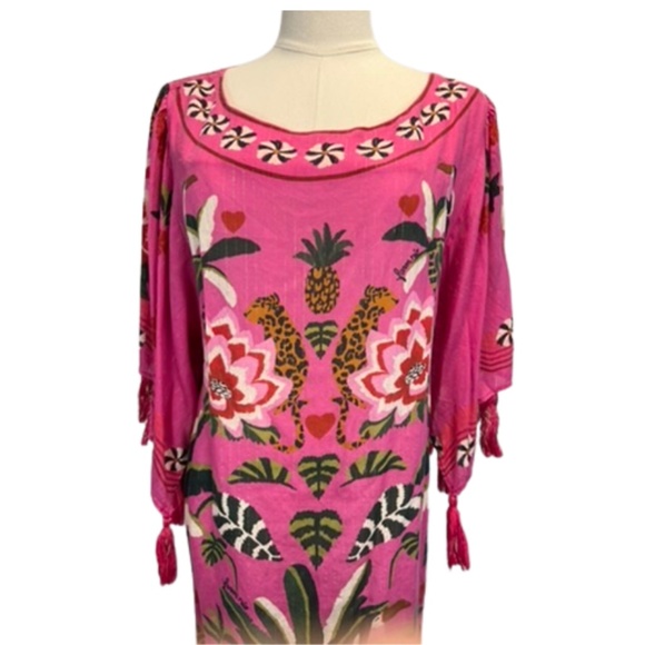 FARM Rio Anthropologie Pink Leopard Forest Beach Cover-Up Dress Kaftan (S) - Picture 3 of 13